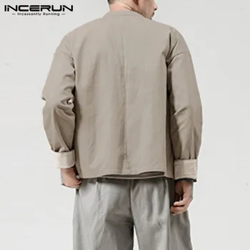 INCERUN Ķīniešu Stila Vīriešu Krekliem Pogas vienkrāsainu Ikdienas Topi Stand Apkakli, garām Piedurknēm Vintage Streetwear Camisa Masculina