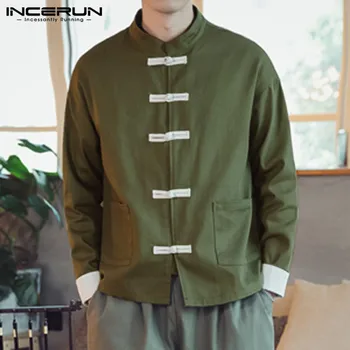 INCERUN Ķīniešu Stila Vīriešu Krekliem Pogas vienkrāsainu Ikdienas Topi Stand Apkakli, garām Piedurknēm Vintage Streetwear Camisa Masculina