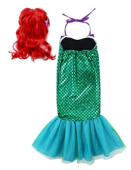 Bērniem, Meitenēm bez Piedurknēm ilgi saspringto kleita Regulējams Zaļo Zivju Zvīņas Sirēna Princese Kleita Halovīni Saģērbt Cosplay Matu Parūkas
