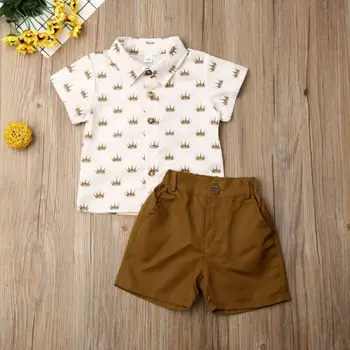 2019. gada Vasaras 2GAB Toddler Bērniem, Baby Boy Džentlmenis Vainagu Print T-Krekls Topi+Bikses Šorti Izmērs 2-6Y Tērpiem Komplekts