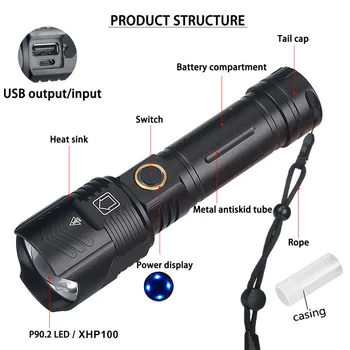Super Spilgti XHP100 Lukturīti Spēcīgs Lāpu, USB Uzlādējams LED Rokas Lampas USB Lāpu 26650/18650 Tālummaiņas Taktisko Flash Gaismas