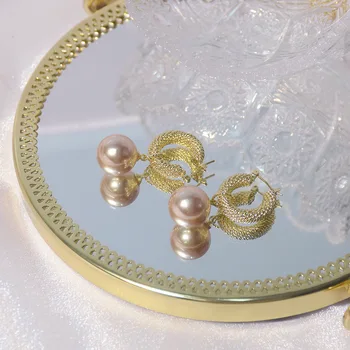 Korejas Modes Rotaslietas 14k Nekustamā Zelta Pārklājumu Retro Šampanieti Izsmalcinātu Pērļu Auskari Sievieti Shine Holiday Elegantā Auskars