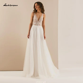 Drēbes de Mariage Boho Līgava Kleita 2020. Gada Vasaras Pludmales Kāzu Kleitas Dziļu V-veida kakla Luksusa Krelles Tilla Ilgi, Kāzu Tērpi Hochzeit