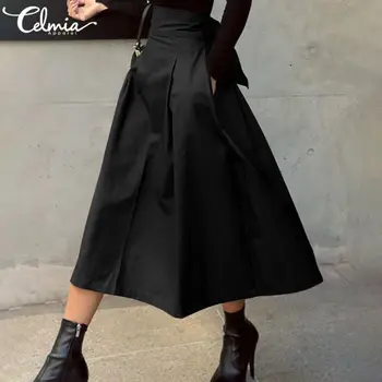 5XL Celmia Elegants Sieviešu Kroku Gari Svārki Ir 2021. Modes Pārsējs ar Augstu Vidukli, Cietā Puse Svārki Biroja Dāma Šiks Plus Lieluma Svārki