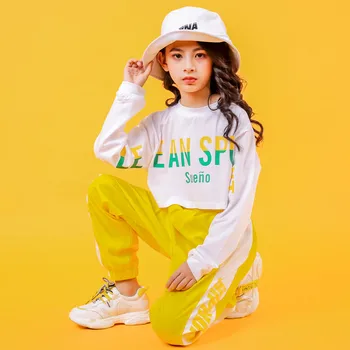 2019 Bērnu Džeza Deju Tērpi Meitenēm Hip-Hop Valkā Baltu sweatershirt Dzeltenas Bikses Ielu Dejas Clothings