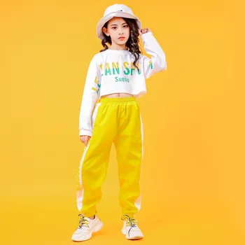 2019 Bērnu Džeza Deju Tērpi Meitenēm Hip-Hop Valkā Baltu sweatershirt Dzeltenas Bikses Ielu Dejas Clothings