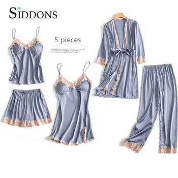 Siddons 5Pieces Pidžamas Komplekts Sexy Mežģīņu Satīna Zīda Sleepwear Sieviešu Vasaras Pavasara M-XXL Modes Pidžamu Sieviešu Drēbes Miega Atpūtas telpa