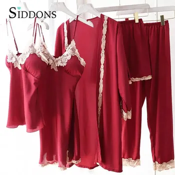 Siddons 5Pieces Pidžamas Komplekts Sexy Mežģīņu Satīna Zīda Sleepwear Sieviešu Vasaras Pavasara M-XXL Modes Pidžamu Sieviešu Drēbes Miega Atpūtas telpa