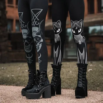 3XL Sieviešu Zeķes Fitnesa Plus Lieluma Melna Streetwear Goth Kaķis Iespiesti Legging Punk Treniņu Leggins Zīmuli Bikses Lielajam 2021