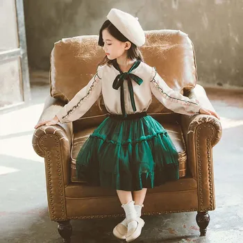 Zaļais Rudens Meiteņu Apģērbu Komplekti, Atpakaļ Uz Skolu Vienotu Tērpu 2019 Loku Blūzes + Skirs Apģērbu Komplekti 5 6 7 8 9 10 11 12 Gadiem