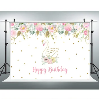 NeoBack Balts Gulbis Happy Birthday Fotogrāfija Backdrops Rozā Akvarelis Ziedu Foto Fona Zelta Punkti Bērniem Dzimšanas Dienas Fons