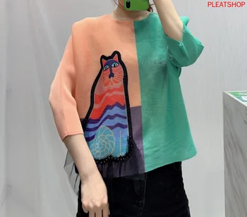 MIYAKE Kroku Top Dizaina Sajūtu Sieviešu netradicionālo Jaunu Stilu Agrā Rudenī Modes Drukāšanas Slim korejas T-krekls Brīvs