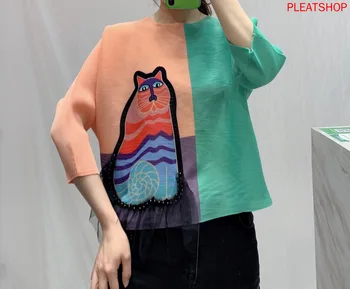 MIYAKE Kroku Top Dizaina Sajūtu Sieviešu netradicionālo Jaunu Stilu Agrā Rudenī Modes Drukāšanas Slim korejas T-krekls Brīvs