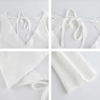 Sexy Backless Sasiet Mežģīņu Malu Dizaina Salātu WhiteT Krekls Sievietēm 2020. Gadam Garām Piedurknēm Dziļu V Veida Kakla Tee Krekli Apgriezts Topi Streetwear