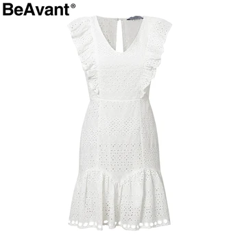 BeAvant Elegants savirmot kokvilnas balto sieviešu kleita Izšuvumi augsta vidukļa vasaras kleita gadījuma Vintage īss puse kleitas dāmas