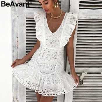 BeAvant Elegants savirmot kokvilnas balto sieviešu kleita Izšuvumi augsta vidukļa vasaras kleita gadījuma Vintage īss puse kleitas dāmas
