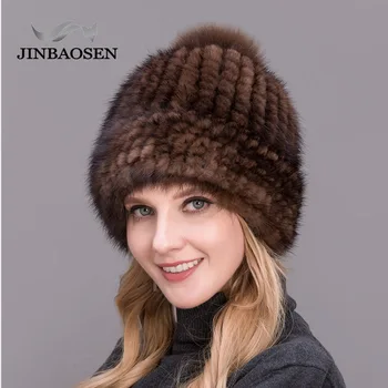 JINBAOSEN jaunu bieza cepure dāmas ziemas adīta cepure ar fox kažokādas pom-pod karstā nekustamā ūdeļu modes kažokādas cepure