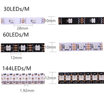DC5V 1m/5m Melns/Balts PCB 30/60/144 led/m WS2812IC 30/60/144 LED pikseļi WS2812B Smart led pikseļu sloksnes gaismas