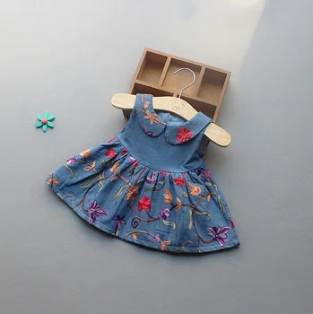 Izšuvumi ziedi toddler meitenes vasaras džinsa kleita kokvilnas kvalitātes bērnu bērni jean auduma meitenēm bērnu apģērbs