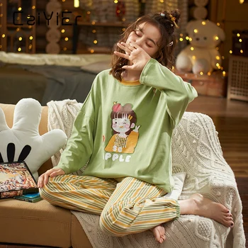 CAIYIER Jaunu 2020. Gadam Sieviešu Pidžamas Komplekts Jauki Kaķis Drukāt Kokvilnas Naktsveļu garām Piedurknēm + Elsas Sleepwear Meitenes Modes Ziemas Homewear
