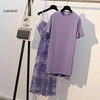 Sieviešu Liels Plus Izmēra 5XL Kleitu, uzvalku Vasaras Drēbes, Kleita Top Un Mežģīnes Sundress Divas Gabals, kas violeta Elegants atbilstošo kopas Liels