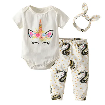 3Pcs Jaundzimušais Meiteņu Drēbes, Uzstādīt Īsām Piedurknēm Karikatūra Unicorn Iespiesti Bodysuit Topi+Bikses+Galvas Zīdaiņu Toddler Apģērbi