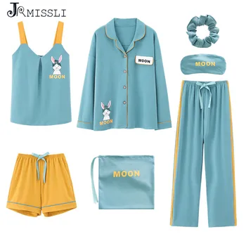JRMISSLI 2020. gadam, Jaunu Sarkanu Kokvilnas Sieviešu Pidžamas Komplekti 7 Gabali, kas Nosaka Sieviešu Sleepwear Sieviešu Pijama Elegants Pyjama Mājas apstākļos