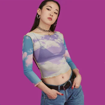 Harajuku Garām Piedurknēm Acs Kultūraugu Top Sievietes 2019 Summer Cloud Print Fishnet Topi, T Krekls Femme Sexy Caurspīdīgs T Streetwear