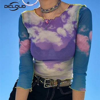 Harajuku Garām Piedurknēm Acs Kultūraugu Top Sievietes 2019 Summer Cloud Print Fishnet Topi, T Krekls Femme Sexy Caurspīdīgs T Streetwear
