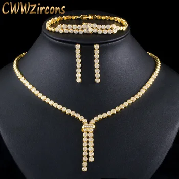 CWWZircons 3 gab CZ Pušķis Kritums Līgavas Kāzu Kaklarota, Auskari Rokassprādze Indijas Dubaija Zelta Puses Juvelierizstrādājumu Komplekts Sievietēm, T400