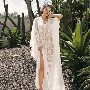 Boho Iedvesmoja balts kaftan maxi kleitu mežģīnes ar ziedu IZŠUVUMU V-Neck Beach vasaras Kleitas sexy zaudēt dobi no vestidos 2020