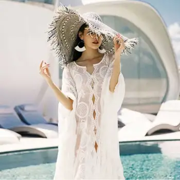Boho Iedvesmoja balts kaftan maxi kleitu mežģīnes ar ziedu IZŠUVUMU V-Neck Beach vasaras Kleitas sexy zaudēt dobi no vestidos 2020