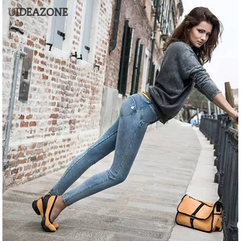 UIDEAZONE Sieviešu Skinny Džinsa Zīmuli Bikses Vidū Vidukļa Džinsus Slim Fit Dāmu Bikses Rāvējslēdzēju Lidot ar Kabatas 2019 Streetwear