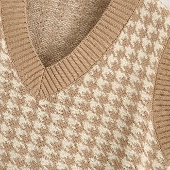Vintage Zaudēt Houndstooth V-veida kakla Vestes Džemperi Sieviešu Modes bez Piedurknēm, Vestes Sānu Šķēlumi Šiks Topi Sešas Krāsas Sieviešu