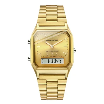 SANDA slavenā luksusa skatīties sieviešu modes duālais displejs rokas pulksteņi kleita kvarca pulksteņi dāma zelta nerūsējošā tērauda pulkstenis 2020