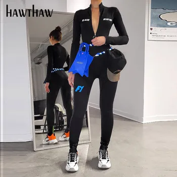 Hawthaw Sieviešu Rudens Ziemas Garām Piedurknēm Ar Rāvējslēdzēju Vēstuli Izdrukāt Bodycon Jumpsuit Romper Kopumā 2020. Gadam Sieviešu Apģērbu Streetwear