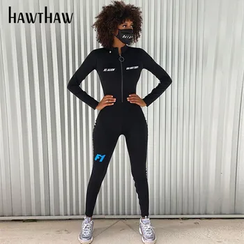 Hawthaw Sieviešu Rudens Ziemas Garām Piedurknēm Ar Rāvējslēdzēju Vēstuli Izdrukāt Bodycon Jumpsuit Romper Kopumā 2020. Gadam Sieviešu Apģērbu Streetwear