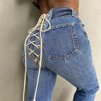 Echoine Zilās Džinsa džinsi sievietēm Sexy Grommet Mežģīnes Augšu, Bikses Skinny Zīmuli Bikses ar augstu starām. džinsi pantalon Garās Bikses