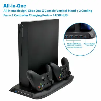 Xbox One X Dual Kontrolieris Lādētāju Stacijas Vertikālā Statīva Dzesēšanas Ventilatoru Turētājs, 2 Dzesēšanas Ventilatori 2 Uzlādes Porti 4 USB CENTRMEZGLU