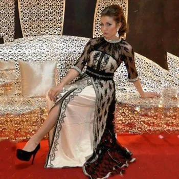 Melnas Mežģīnes Kaftan Vakara Kleitas ar pusi Piedurknēm Fāzēm Kristāla Caftan Dubaija Arābija Ilgi vestido longo