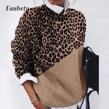 Ir 2021. Vintage Leopard Raibs Džemperis Sievietēm, Elegants Ikdienas O-Veida Kakla Top Džemperis Modes Dāmas Ar Garām Piedurknēm Streetwear Džemperi