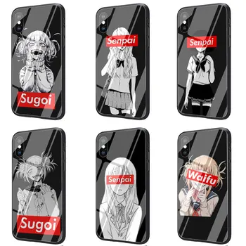Sugoi Senpai Anime waifu Rūdīts Stikls TPU Melns korpuss iPhone SE 2020 11 Pro X vai 10 8 7 6 6S Plus Xr Xs Maks.