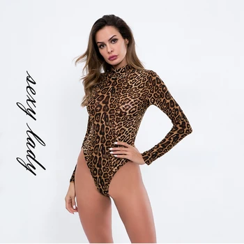Seksīga Sieviešu Garām Piedurknēm Leopards Drukāt Ar Atlokāmu Apkakli, Bodysuit Leotard Slim Top Plus Lieluma