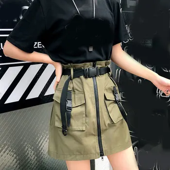 Melns Hip Hop Augsts Viduklis Kabatas Svārki Dāmas Vasarā-line Svārki Korejas Gruntis, Īsi Mini Svārki Sievietēm Streetwear ar Jostu