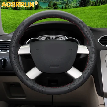 AOSRRUN Auto piederumi Īstas ādas Auto Stūres vāks Ford Kugas 2008-2011 Focus 2 no 2005. līdz 2011. gadam C-MAX 2007-2010