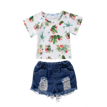 2018 Vasaras Toddler Bērniem, Baby Meitenes Ziedu Topi, T-kreklu Džinsa Caurumu Bikses, īsās bikses-Šorti Apģērbs, Apģērbu Izmēru 2-6T