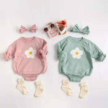Ir 2021. Baby Girl Pavasara bodysuit Ar Galvu Jaundzimušie Bērni, Meitenes cute Ziedu drukāt Jumpsuit Sweet princess apģērbs