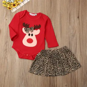 Ziemassvētku Ziemeļbriežu Apģērbs Mazulim Meiteņu Drēbes, Uzstādīt Zīdaiņu Garām Piedurknēm Apģērbs Kokvilnas Bodysuit+Leoparda Svārki Jaundzimušais Zīdainis Bērniem