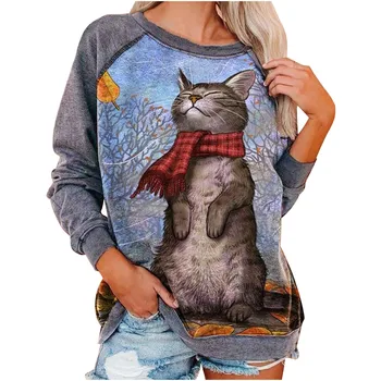Modes Sieviešu Plus Lieluma O-Veida Kakla Garām Piedurknēm Kaķis Drukāt Ikdienas Krekls Top Korejiešu Stilā Sievietēm Kawaii Pelēkā Vārna Lielajam Hoodies