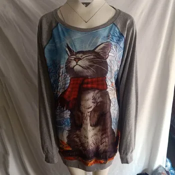 Modes Sieviešu Plus Lieluma O-Veida Kakla Garām Piedurknēm Kaķis Drukāt Ikdienas Krekls Top Korejiešu Stilā Sievietēm Kawaii Pelēkā Vārna Lielajam Hoodies